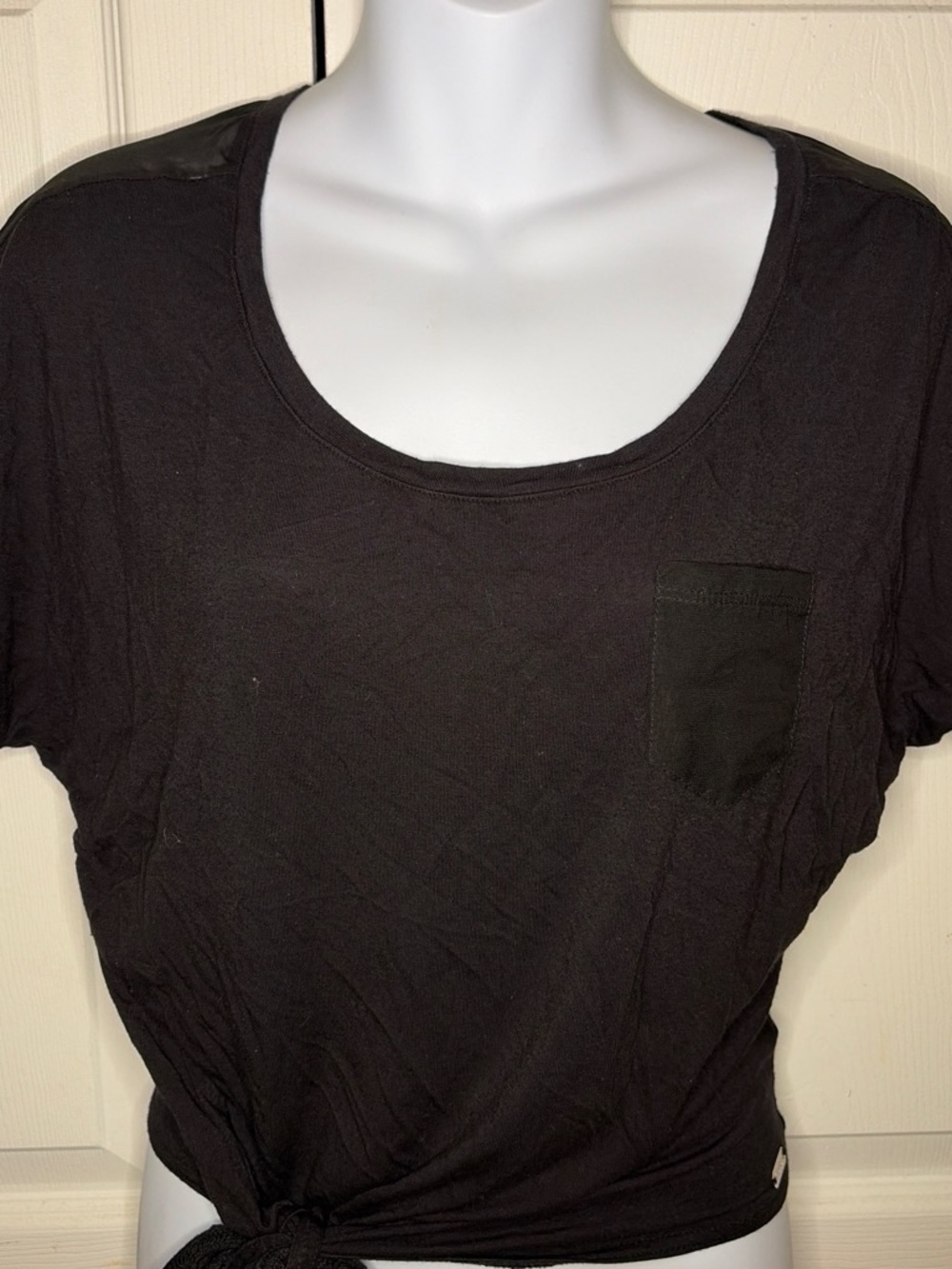 Guess Women's Black Scoop Neck Tee with Chest Pocket